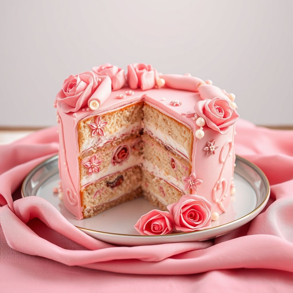 Un gâteau joliment étagé aux nuances de rose doux, avec un intérieur mêlant nuances de rose et blanc, décoré de détails de glaçage complexes, rosettes et motifs artistiques. Présenté sur une assiette ronde avec un tissu rose pastel à proximité, dégageant une atmosphère festive et douce.