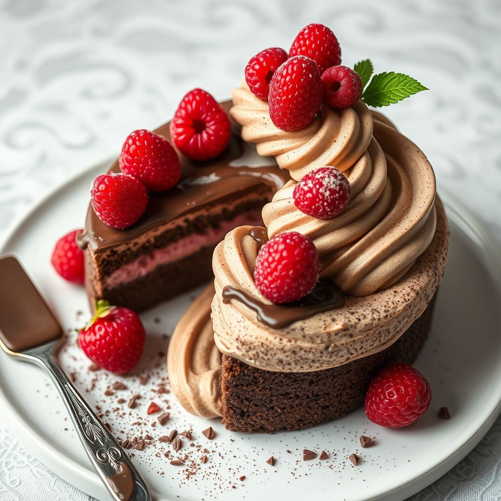 Des couches décadentes de gâteau au chocolat et mousse se révèlent dans une tranche gourmande, surmontée d’une généreuse spirale de crème fouettée et de framboises fraîches. La base au cacao riche contraste avec la texture légère au-dessus, tandis que les framboises rouges vives apportent une touche acidulée et colorée. Une fine poussière de copeaux de chocolat complète l’ensemble, invitant à la dégustation. Le décor comprend une couverture douce aux tons neutres et un arrière-plan flou de verdure, renforçant une ambiance chaleureuse et accueillante. La composition dégage une sensation de confort, parfaite pour une douceur en toute occasion.