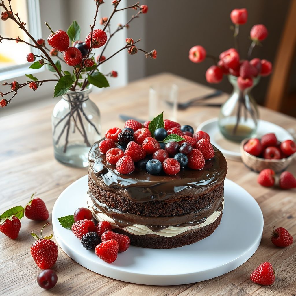 Un somptueux gâteau au chocolat à trois couches, généreusement nappé de crème onctueuse, orné d'un assortiment coloré de baies fraîches — fraises, myrtilles, framboises et mûres — qui contrastent magnifiquement avec le brun riche du gâteau. Ce dessert gourmand est présenté sur une assiette blanche simple, posée sur une table en bois rustique qui crée une ambiance chaleureuse et accueillante. À gauche, un vase en verre délicat contient des branches ornées de petites fleurs blanches et de feuilles vertes, complétant l'atmosphère festive évoquée par le gâteau. Une tasse blanche, probablement remplie d'une boisson chaude, est placée à proximité, invitant à un moment de convivialité. La composition globale et la lumière douce créent une ambiance sereine et joyeuse, idéale pour une réunion ou une occasion spéciale.