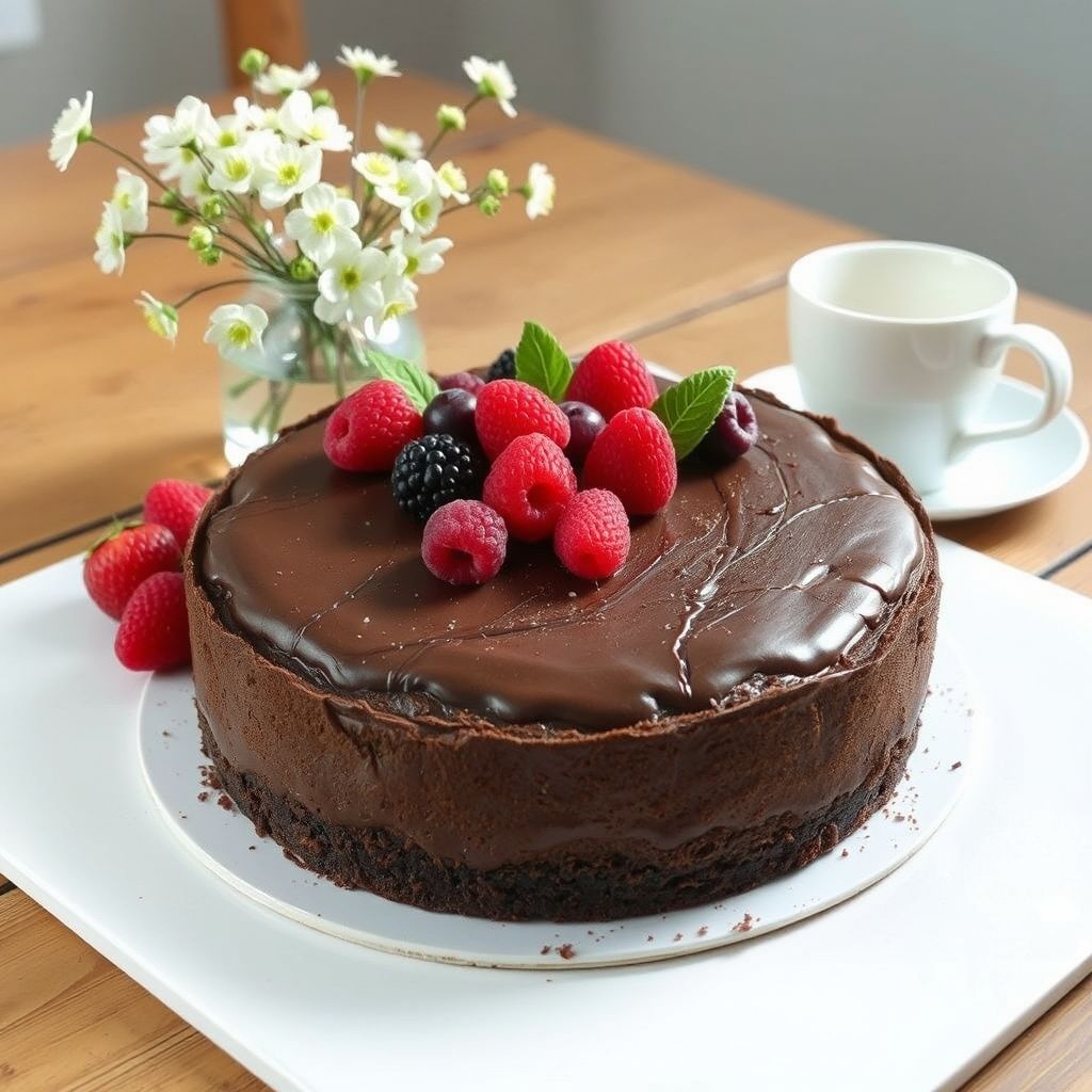 Un délicieux gâteau au chocolat à trois couches, garni de baies fraîches assorties — fraises, framboises, myrtilles et mûres — posé sur une assiette blanche simple sur une table en bois rustique. À côté, un vase en verre transparent contient des fleurs blanches délicates et des feuilles vertes fraîches, apportant une touche printanière. Une tasse blanche, probablement remplie d'une boisson chaude, complète la scène lumineuse et chaleureuse.