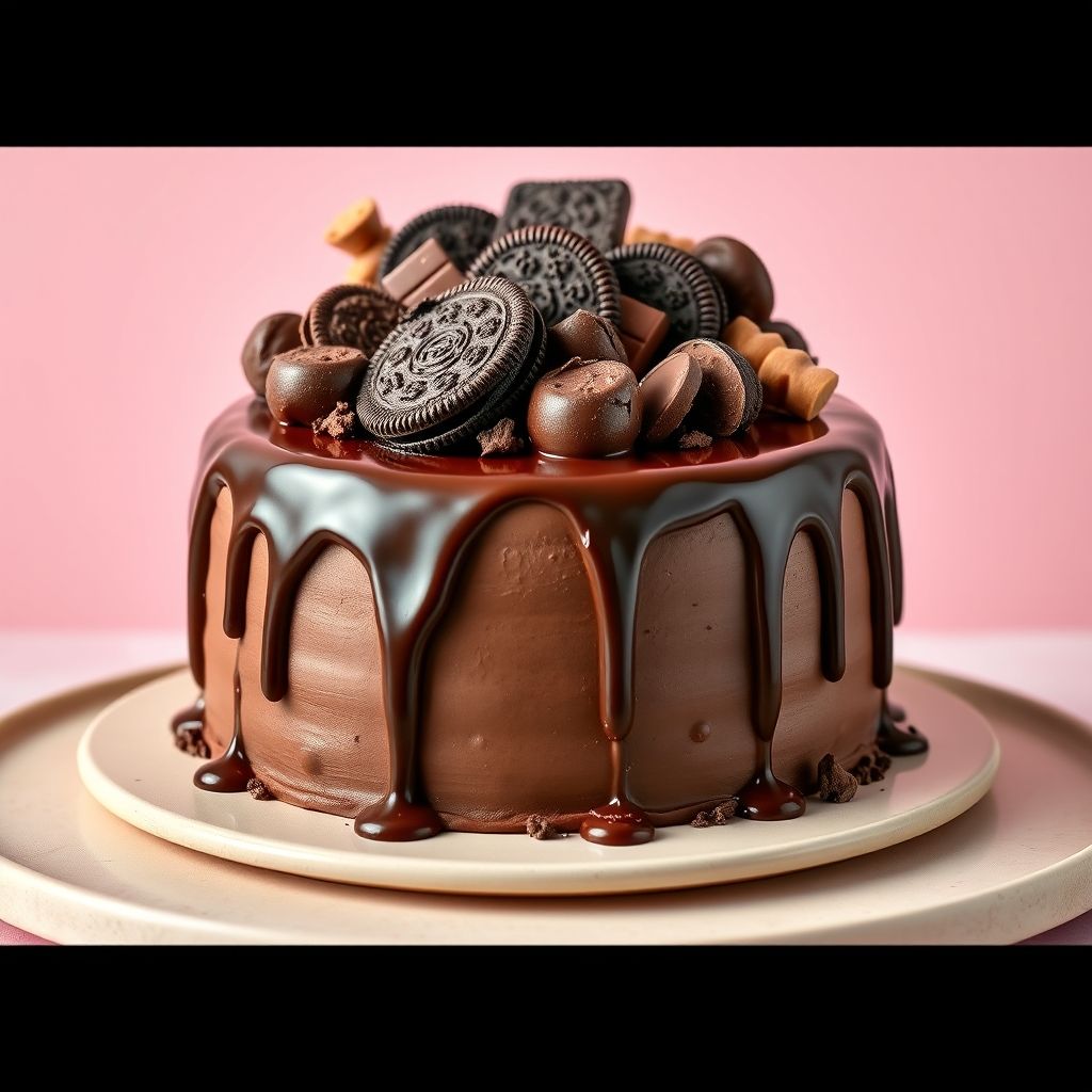 Un gâteau au chocolat riche posé sur une assiette beige clair, nappé d'une ganache mi-sucrée brillante qui coule élégamment. Sur le dessus, un assortiment luxueux d'éléments chocolatés, biscuits Oreo, barres et wafers décoratives, créant un festin visuel de contrastes chocolatés. Derrière, un fond rose pastel doux souligne l'élégance du dessert.