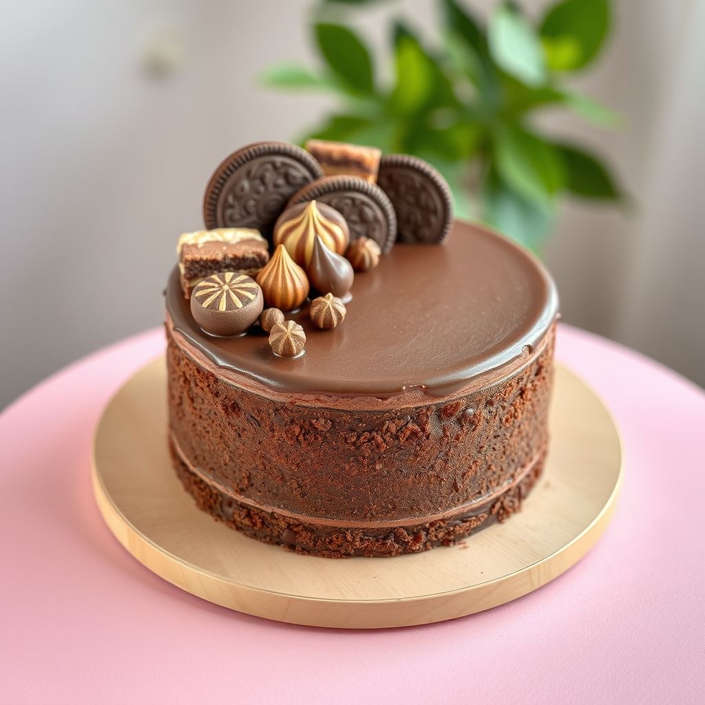 Un gâteau au chocolat luxueux sur une assiette beige, nappé d'une ganache brillante et décoré d'éléments chocolatés raffinés, sur fond rose pastel, évoquant un dessert élégant et festif.