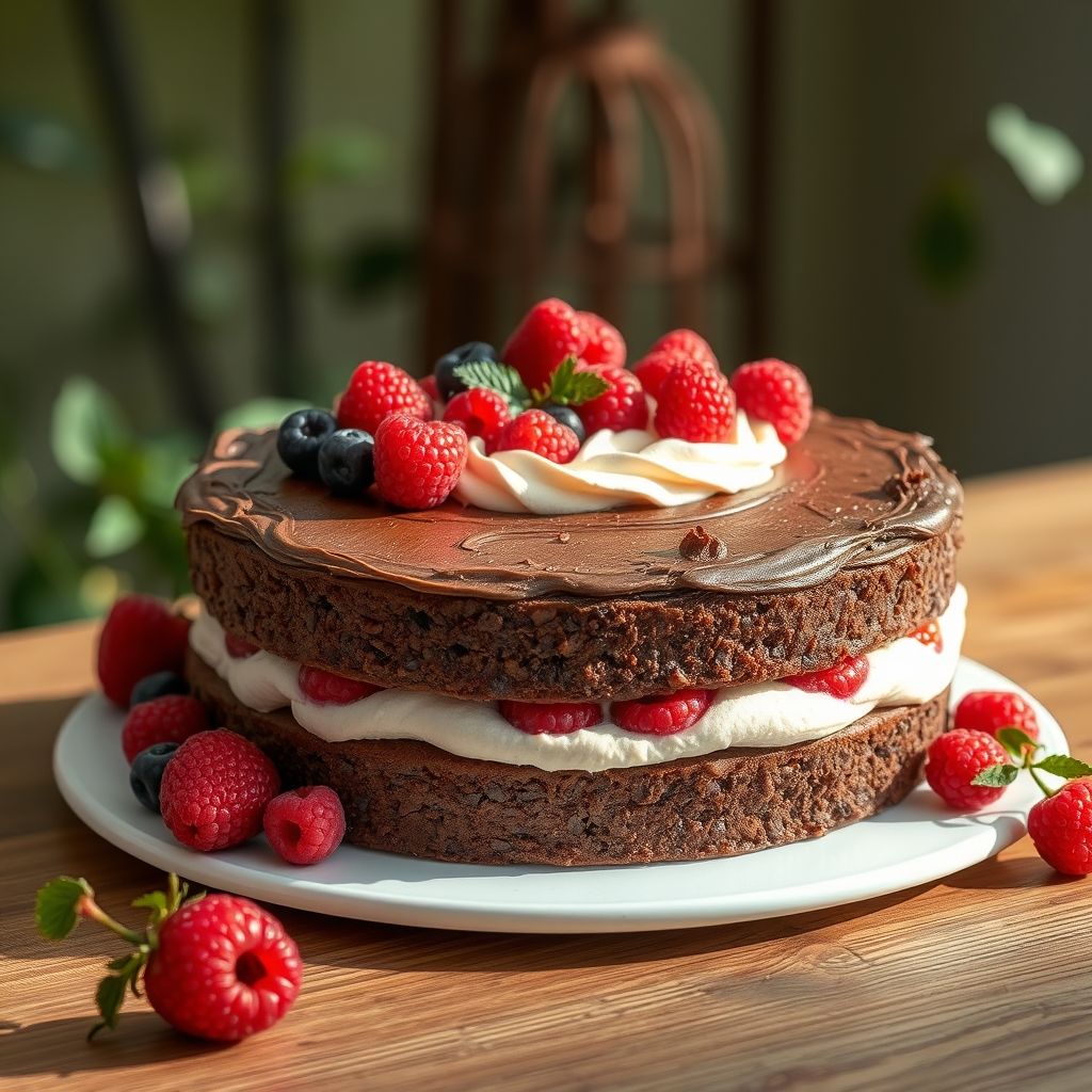 Des couches crémeuses forment un gâteau élégant, mariant chocolat riche, fruits rouges délicats et crème légère, couronné de fraises, framboises et myrtilles fraîches. Une tranche généreuse dévoile des strates colorées qui invitent à la dégustation avec leur jeu de textures et saveurs. Le gâteau est posé sur une assiette blanche simple, contrastant avec le bois chaud en arrière-plan, suggérant une ambiance cosy. La lumière naturelle met en valeur la brillance des fruits et la douceur de la crème, promettant un moment gourmand. L'ensemble invite à la douceur et au plaisir, parfait pour vos célébrations.