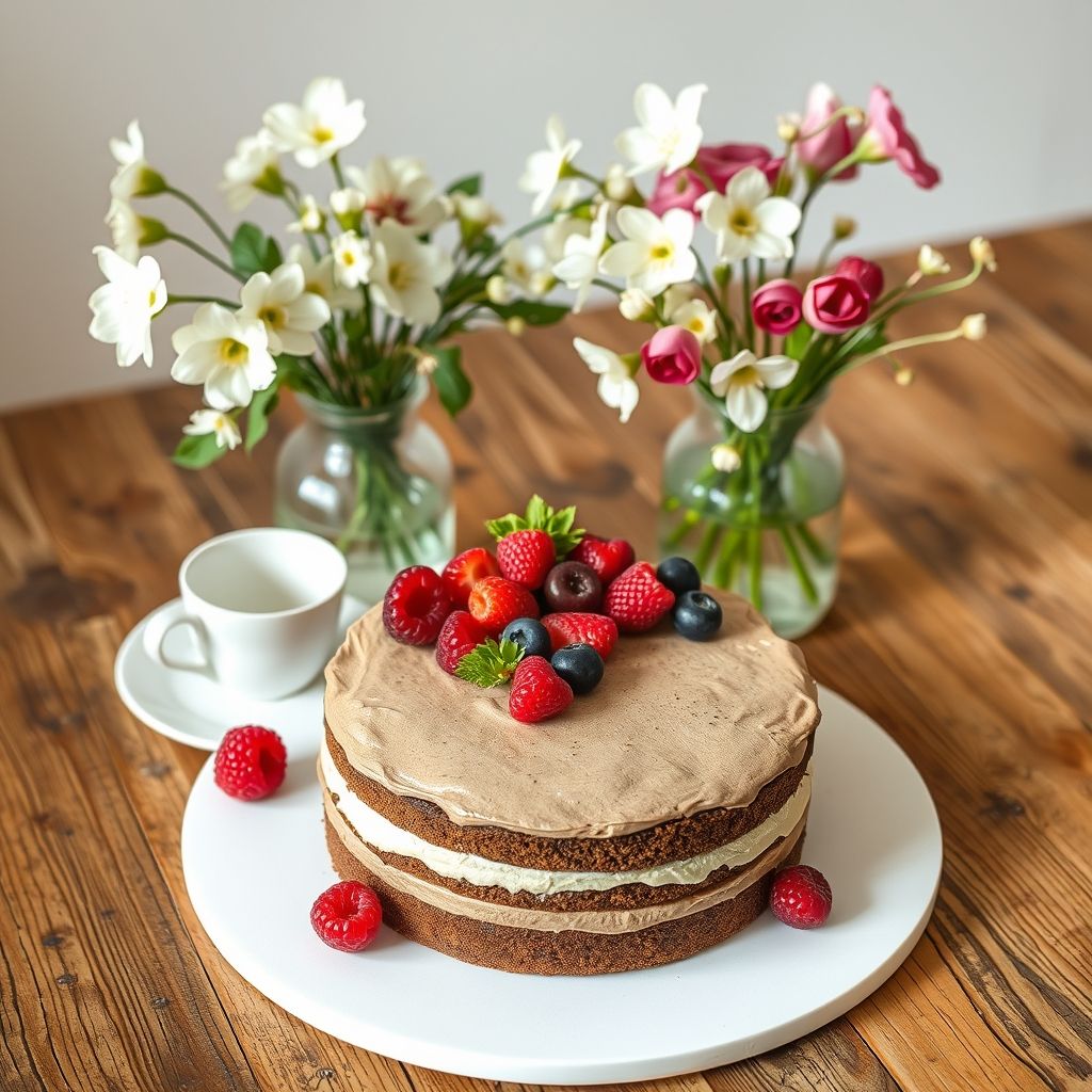 Un gâteau au chocolat à trois couches orné d’un assortiment coloré de baies fraîches — fraises, framboises, myrtilles et mûres — posé sur une assiette blanche simple sur une table en bois rustique. À côté, un vase en verre transparent contient des fleurs blanches délicates et des feuilles vertes fraîches, apportant une touche printanière. Une tasse blanche, probablement remplie d'une boisson chaude, complète la scène lumineuse et chaleureuse.