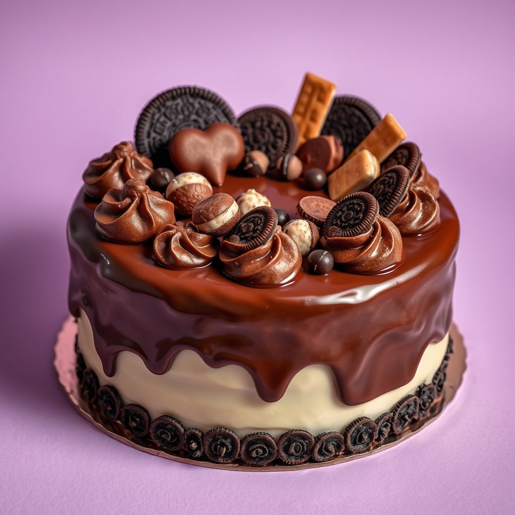 Un gâteau au chocolat décadent trône au centre, avec un nappage brillant de ganache chocolat qui coule délicieusement sur les côtés, contrastant avec un glaçage blanc lisse en dessous. Sur le dessus, une variété d’éléments chocolatés, dont biscuits Oreo, barres de chocolat et fines wafers décoratives, offre un spectacle gourmand. Les ombres douces suggèrent un éclairage tamisé sur un fond lavande, mettant en valeur les détails vibrants du gâteau et invitant à la douceur. La composition est joyeuse et abondante, créant une atmosphère luxueuse et tentante qui promet une dégustation exquise.